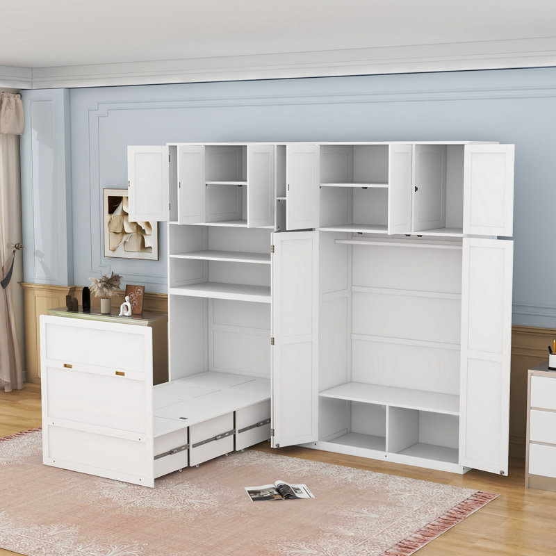 Lit escamotable simple avec garde-robe intégrée et tablettes, éclairage DEL, White