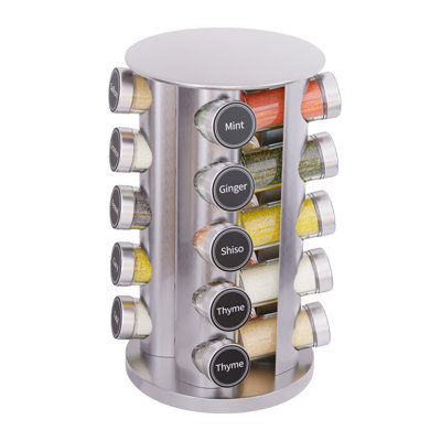Revolving Spice Rack with 20 Jars and 386 Labels, Countertop and Cabinet Spice Tower Organizer