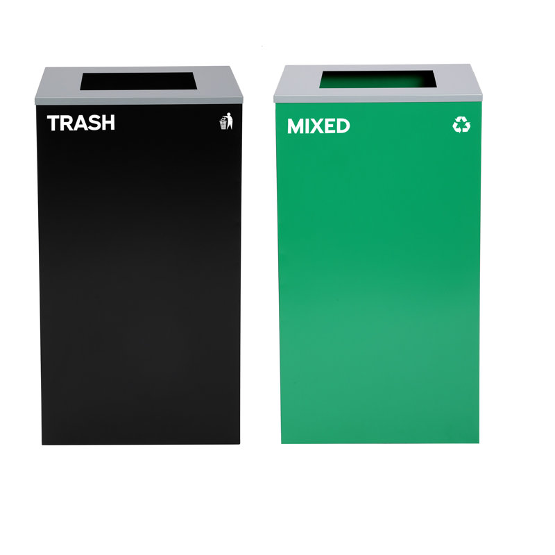 Ensemble de poubelles à couvercle ouvert en acier 29 gallons avec couvercle carré, Noir/vert