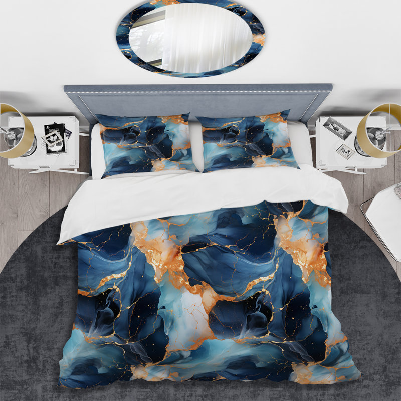 Literie en marbre bleu et doré, Housse de couette pour très grand lit et 2 très