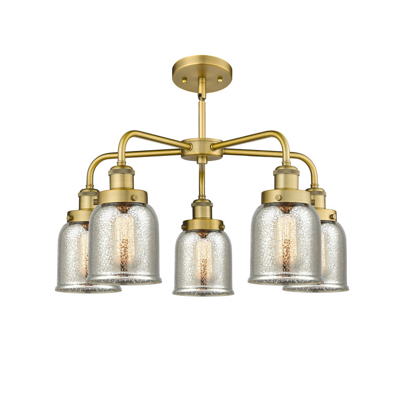 Lustre en verre à 5 lumières Bell, Argent mercuré plaqué, Laiton brossé