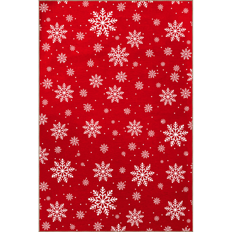 Tapis décoratif rouge à motif de flocons de neige rouge, Rectangle 4 pi 11,06 po x 7 pi 6,55 po