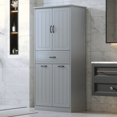 Grande armoire de rangement pour salle de bain avec 2 paniers à linge, armoire de salle de bain autoportante en lin avec tiroir