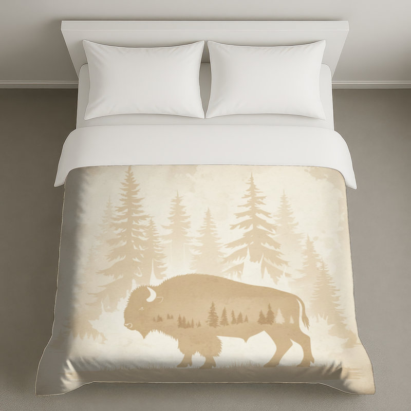 Bison en forêt, housse de couette, Lit simple, Dark Green Beige