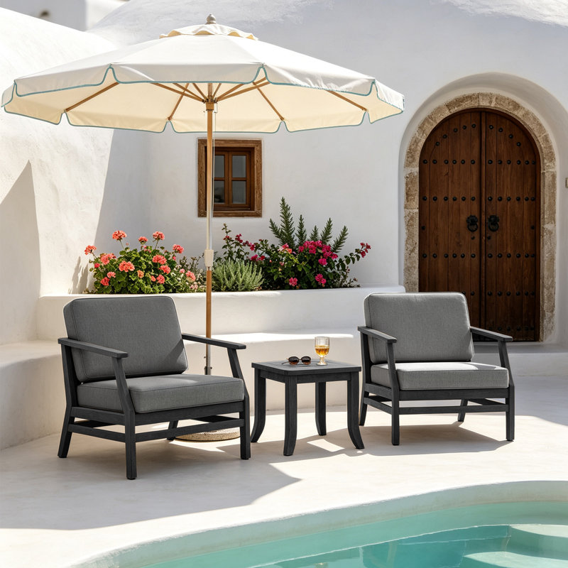 Polett Teak Outdoor Two-person Patio Set With Cushions And Side Table, Gray, Black, 3 Pcs: 2 Chairs, Table