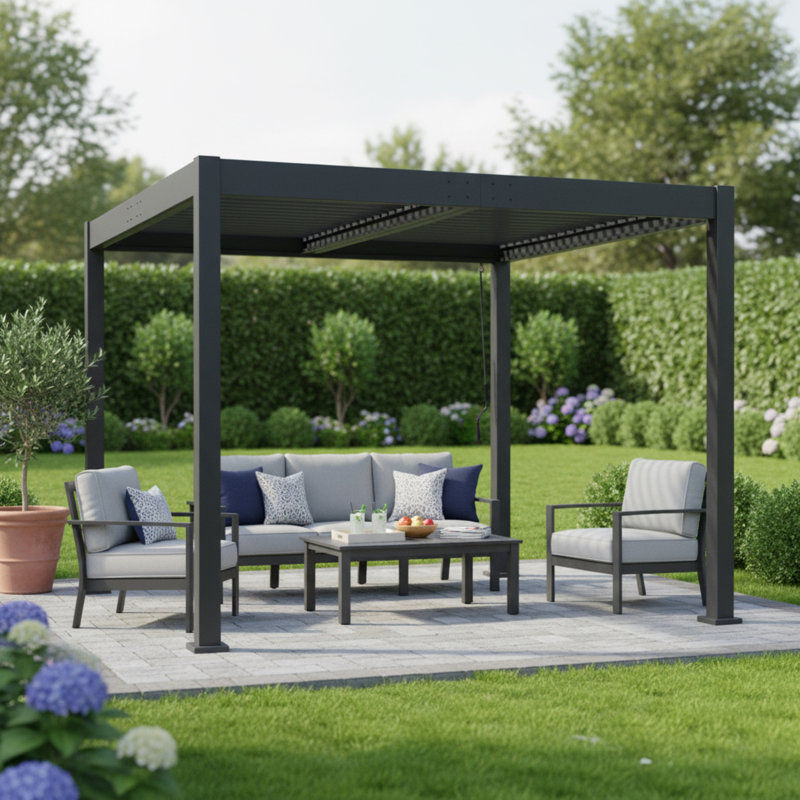 Pergola en aluminium noir Byron avec toit à persiennes réglable
