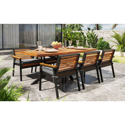 Modern 7-Piece Dining Set, Acacia Wood with Iron Frame, 6 Chairs with Dual-Layer Iron & Wood Seat Frame and Detachable Cushions