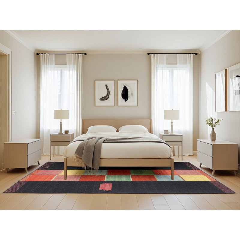 Tapis noir/orange/jaune contemporain, Rectangle 5 pi x 8 pi
