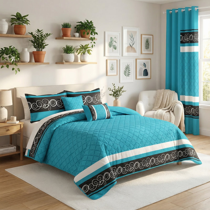 Ensemble de literie et de rideaux 9 pièces pour grand lit sarcelle et noir à motif tourbillon (grand / très grand / très grand californien) - Couvre-lit en microfibre matelassée + voilages