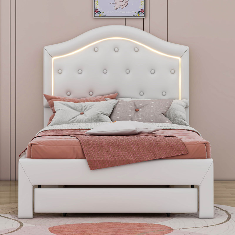 Lit plateforme tapissier avec tête de lit capitonnée, DEL et 2 tiroirs, Lit simple, Blanc