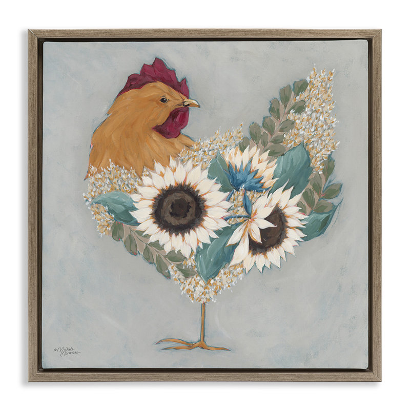 Coq avec des fleurs florales superposées, Cadre flottant orme Montalcino, H 25 po x l 25 po