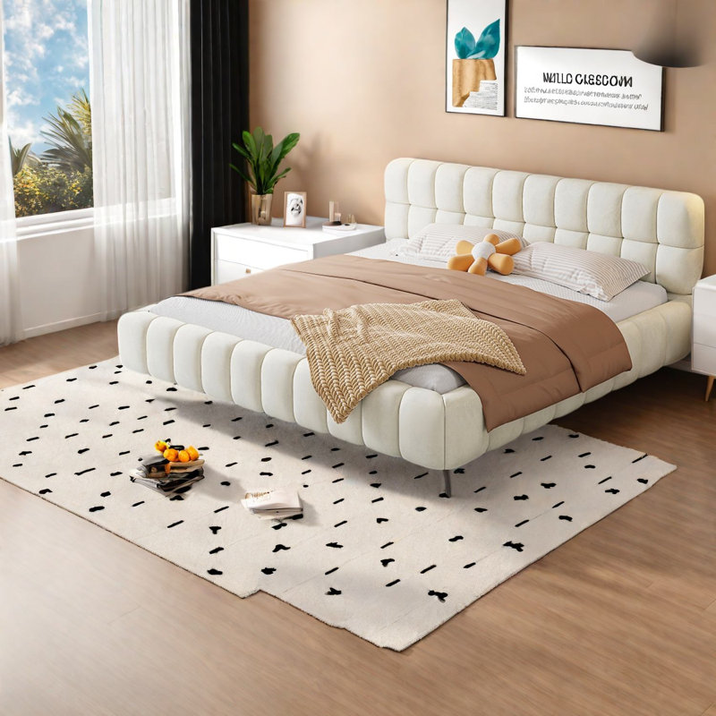 Lit plateforme tapissier très grand moderne, structure en MDF robuste, beige