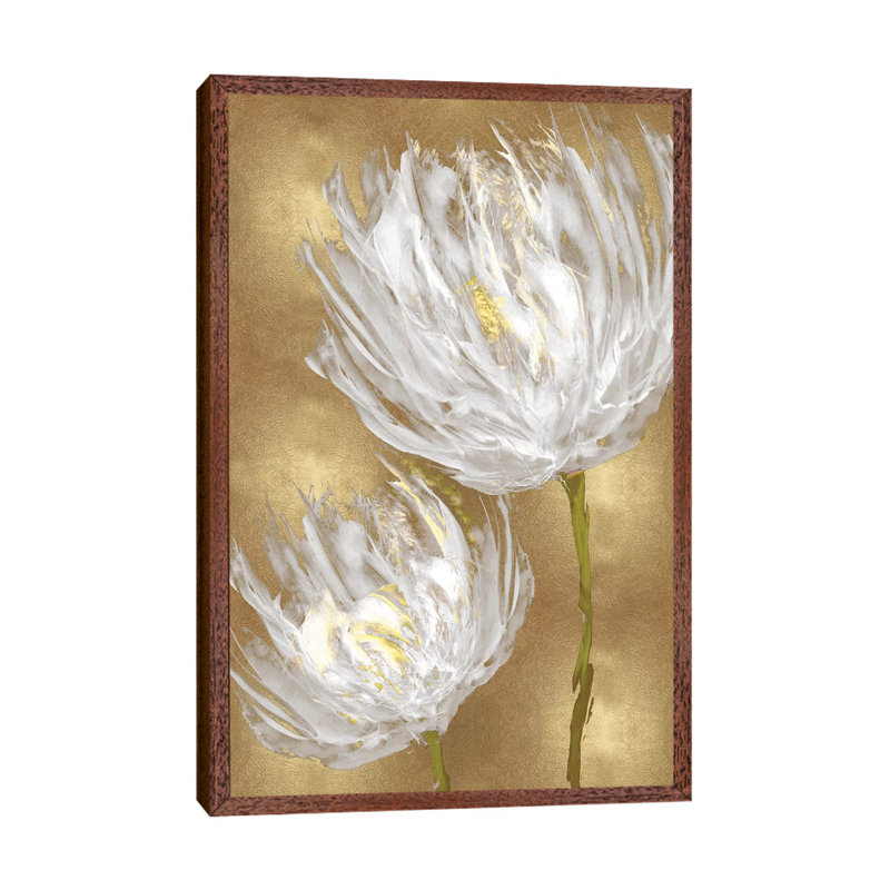 Tulips On Gold II by Vanessa Austin - Print on Canvas, 66.04 cm H x 45.72 cm W, Classic Brown Wood Framed