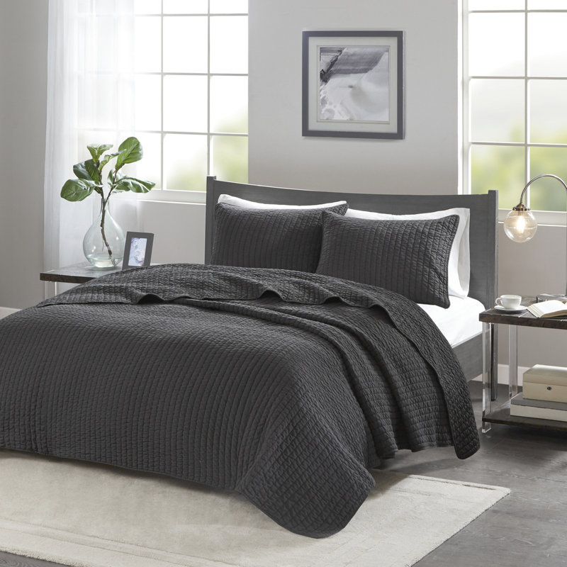 Très grand / très grand courtepointe noir, réversible avec corail, coquille de microfibre, rembourré de coton, noir durable, 3 pièces, courtepointe, microfibre, literie moderne