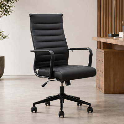 Mid Back Office Desk Chair, Conference Room Chairs with Wheels, Executive Leather Swivel Ribbed Height Adjustable  Rolling Chair.