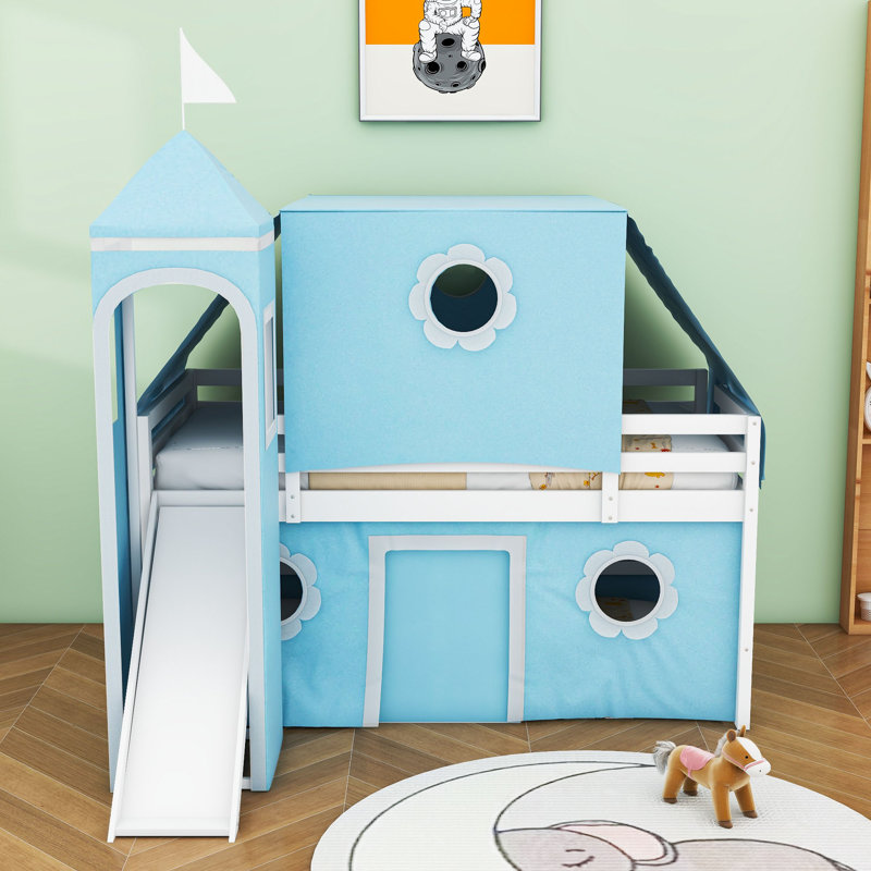 Twin Castle Loft Bed With Playhouse Design And Slide, Blue