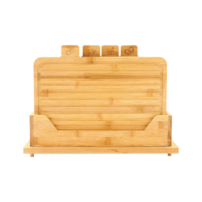 Ensemble de 4 planches à découper en bambou avec porte-planches à découper avec icônes de nourriture pour fruits, légumes, viande et pain