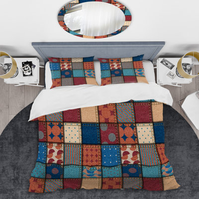 Multicolore denim patchwork - ensemble de housse de couette abstrait - microfibre de polyester