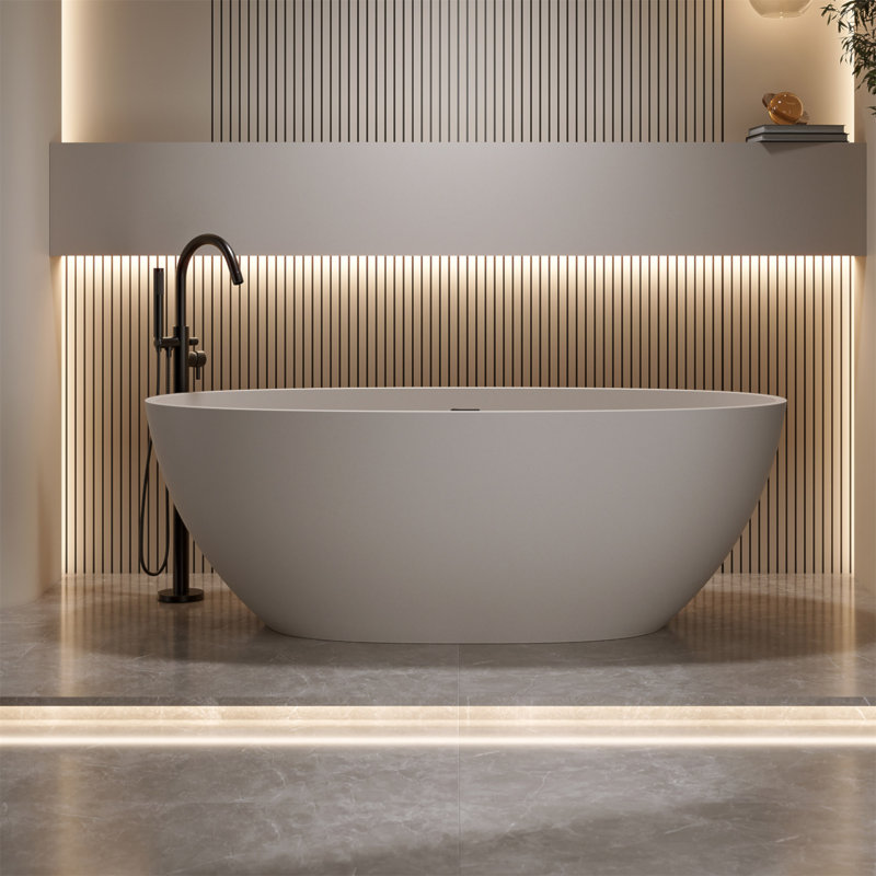 Baignoire de trempage autoportante en résine solide de 55 po avec trop-plein et bonde escamotable, White