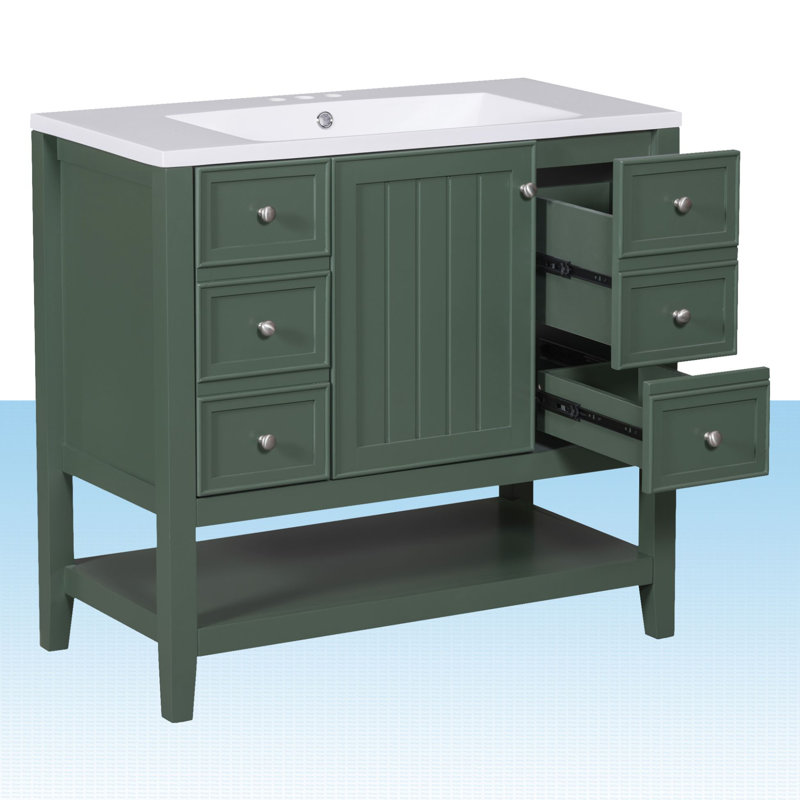 Obieze 36'' Single Bathroom Vanity with Ceramic Top, Green
