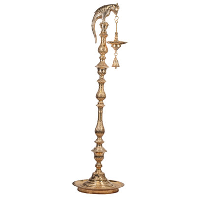 Grande lampe perroquet en laiton 60 po avec cloche de temple - sculpture rituelle indienne faite à la main pour le jardin, le temple et les décorations artistiques