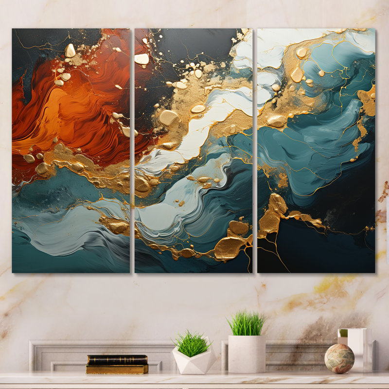 Tempête de marbre bleu et doré I - art mural abstrait, Toile tendue, H 32 po x l 48 po x P 1 po