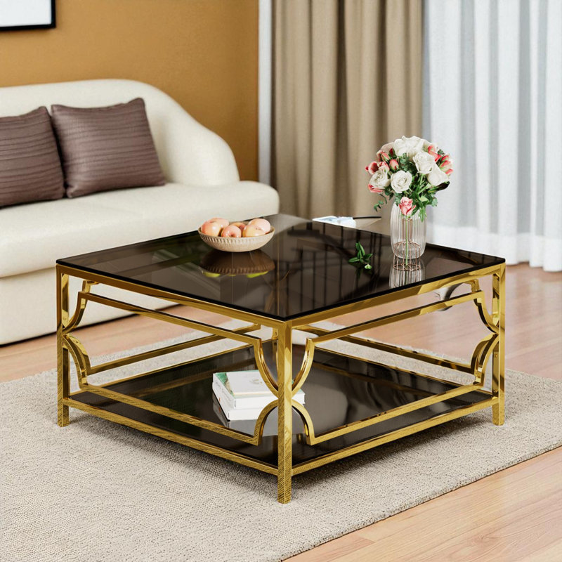 Table basse carrée en verre de 33,5 po, structure géométrique luxueuse en métal, finition dorée et tablette inférieure, Noir
