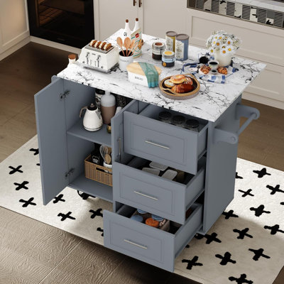 Chariot pour îlot de cuisine avec abattant et tiroirs, îlot de cuisine avec armoire de rangement sur roulettes, support à épices, porte-serviettes, îlot de cuisine pour la cuisine