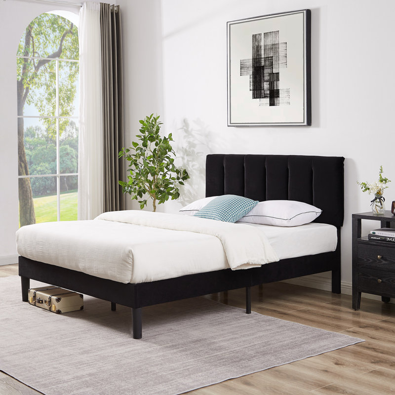 Auxter Upholstered Platform Bed Frame with Vertical Channel Tufted Adjustable Headboard, Velvet Fabric Mattress Foundation with Strong Wooden Slats, Heavy Duty, No Box Spring Needed, Noise-Free