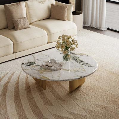 39" Round Modern Coffee Table with Stone Top & Rust-Resistant Metal Legs - Minimalist Luxury Design for Small Spaces, Living Room, Apartment - Easy Assembly