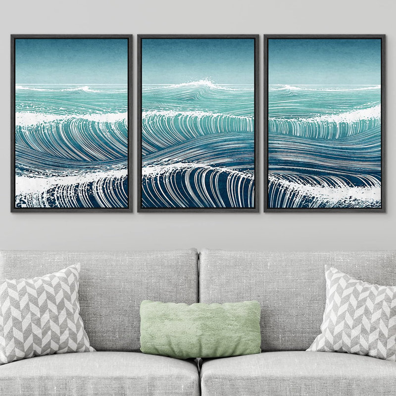 Coastal Beach Teal Blue Duotone Ocean Wave Sea, reproduction sur toile 3 pièces, H 24 po x l 48 po x P 1,5 po, Noir