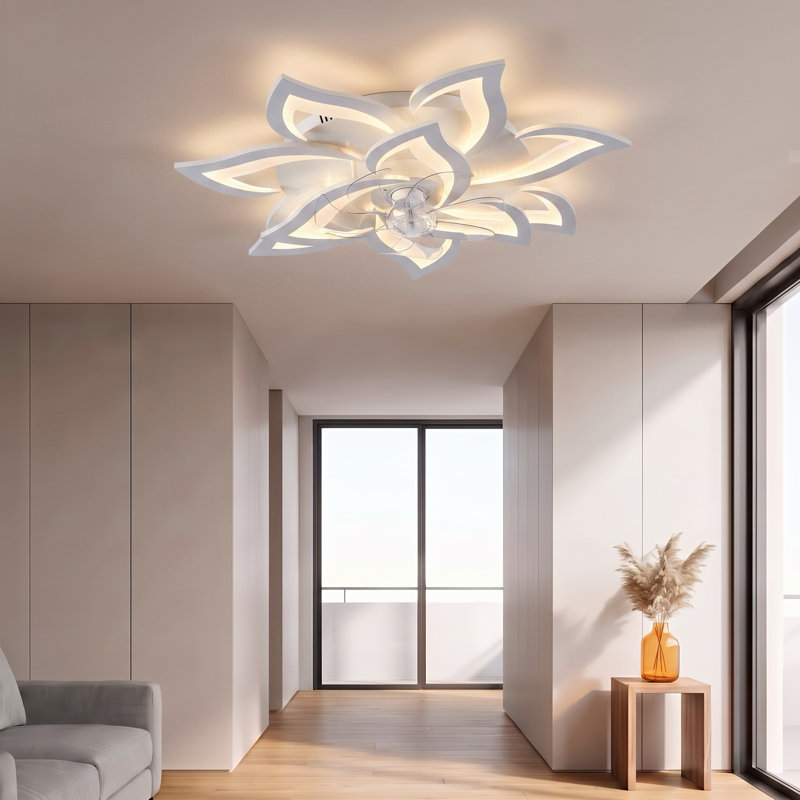 32" Low Profile Layered Petal Ceiling Fan with Dimmable LED Light (White)