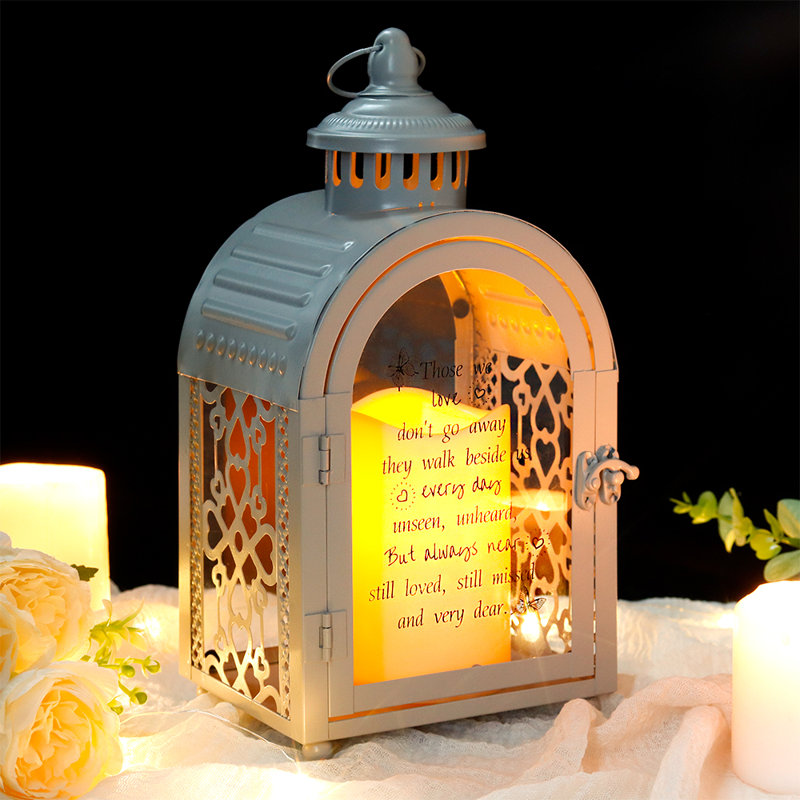 11.22'' H Metal Tabletop Lantern with Candle Included, Gray