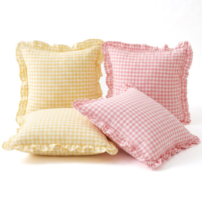 Buffalo Check Ruffle Pillow Covers 4 Pack, Cotton Zippered Farmhouse Throw Shams for Couch Bedroom, 18 x 18 Inches, Yellow/Pink