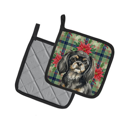 Black and Tan Tibetan Spaniel Christmas Poinsettas Pair of Pot Holders