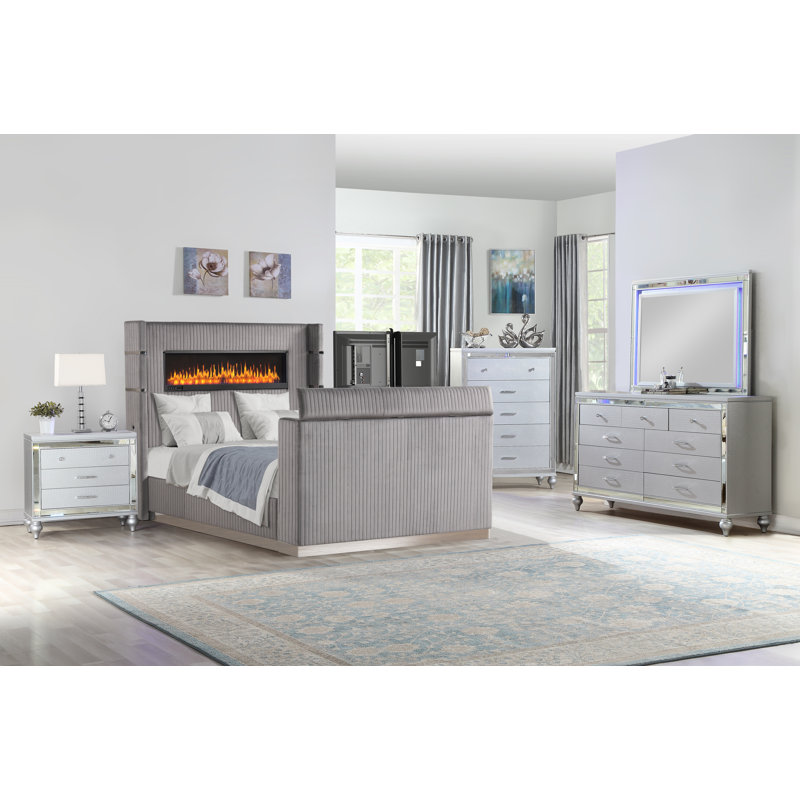 Jianu King 3 pièces gris, Très grand lit, Gris, 3 pcs: Bed, 2 Nightstands