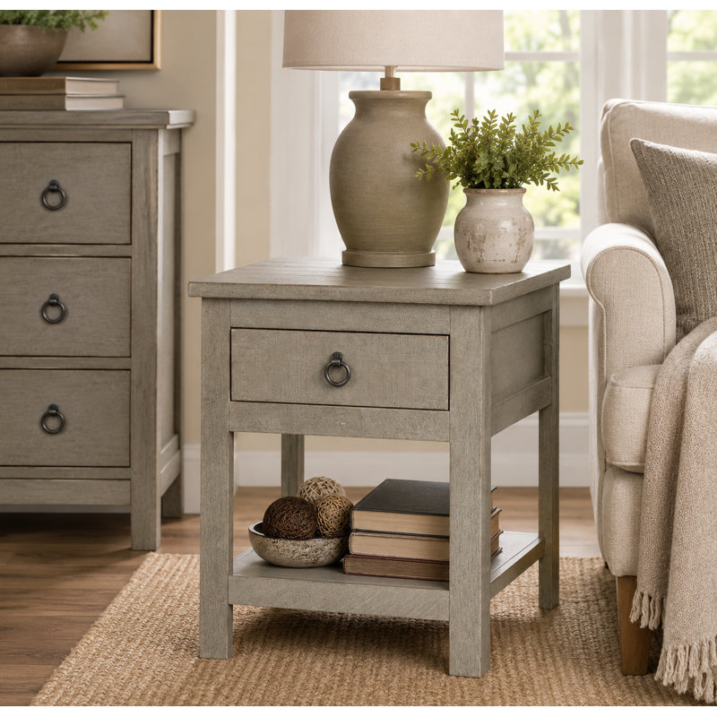Canales Solid Wood End Table with Storage, Rustic Light Blue
