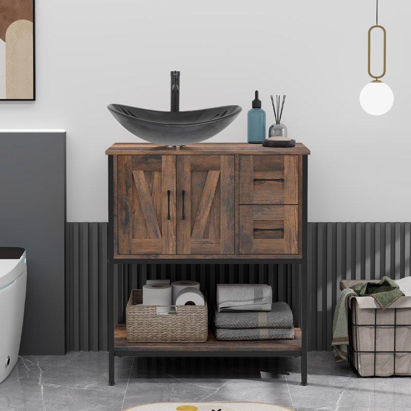 30'' Free-Standing Farmhouse Single Bathroom Vanity With Sink, Black, Black/Gray