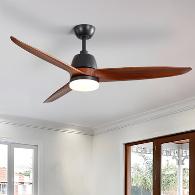 Ventilateur de plafond à 3 pales en bois massif 56 po avec télécommande et ensemble d'éclairage à DEL Kemp, noir et brun