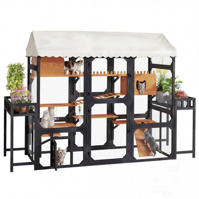 Grande clôture pour chat d'extérieur résistante aux intempéries avec 2 supports à plantes et une boîte de repos