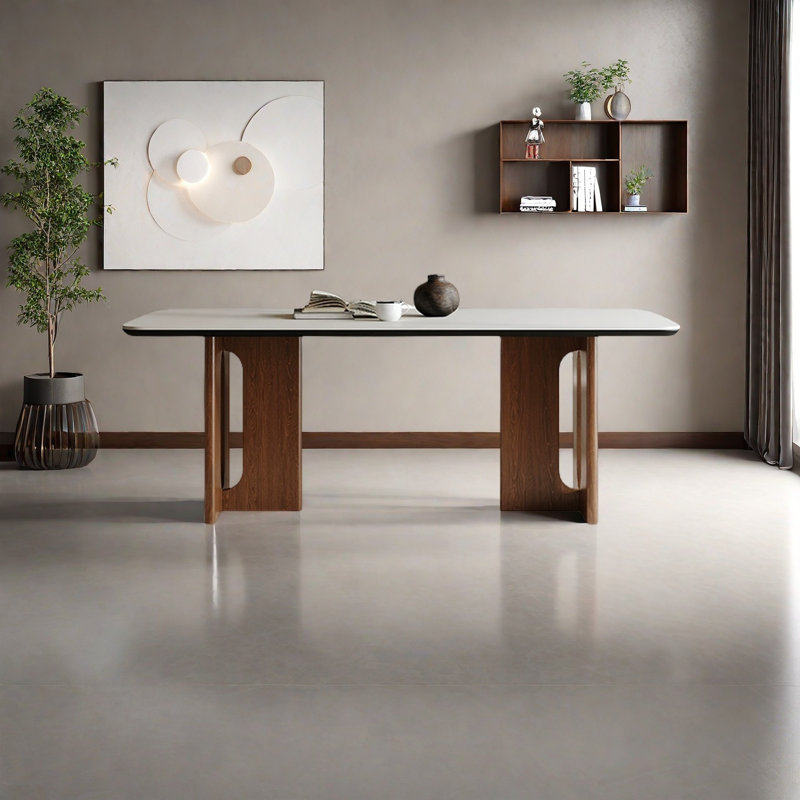 A granite dining table with ashwood legs, White, 29.5"H x 55.1"L x 31.4"W