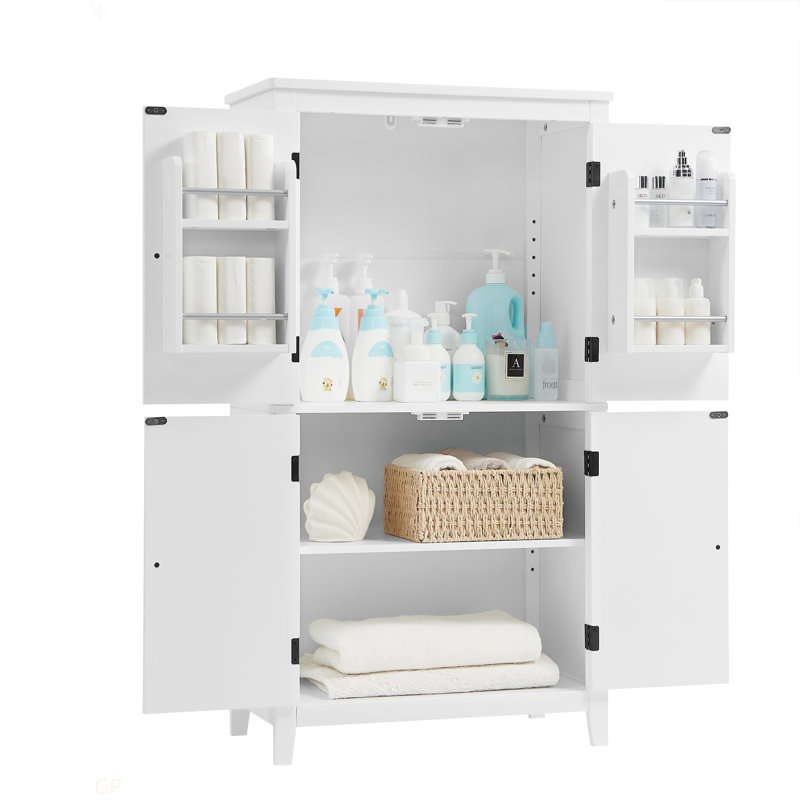 Elegant Bathroom Floor Storage Cabinet, Bathroom Storage Unit, Freestanding Cabinet With 4 Doors, Adjustable Shelves, Adaptable Shelves, White