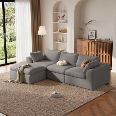 Canapé d'angle Cloud sans ossature en forme de L de 274 cm avec pouf, canapé modulable 4 places à assise profonde en tissu mousse bicolore, aucun assemblage requis pour le salon (gris)