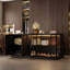 Black Woodgrain Closet Island With LED Lighting & Glass Doors