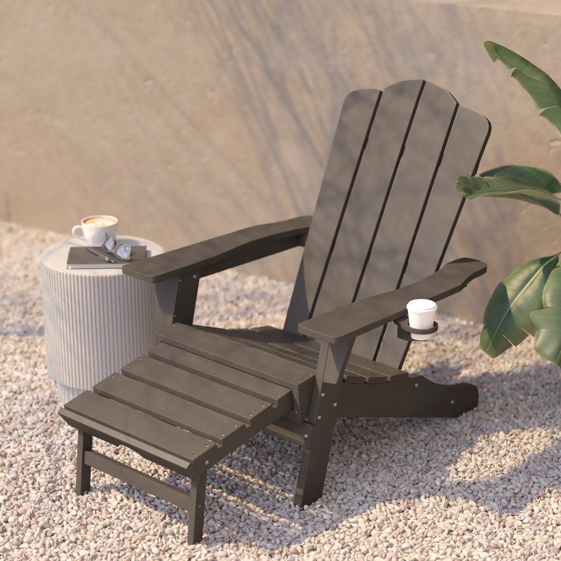 Ayleah Commercial All-Weather HDPE Adirondack Chair with Cup Holder and Pull Out Ottoman, Brown