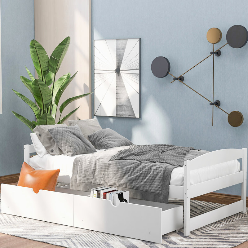 Lit simple blanc avec tiroirs - lit plateforme exquis pratique et durable, espace de tiroir pratique