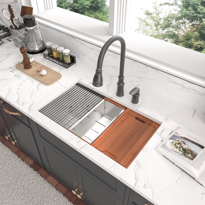 33" Brushed Stainless Steel Undermount Workstation Kitchen Sink with Accessories