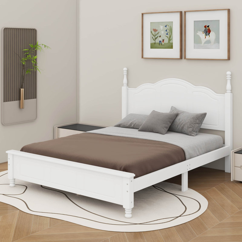 Lit plateforme en bois de style rétro avec support en lattes de bois, Lit double, Blanc