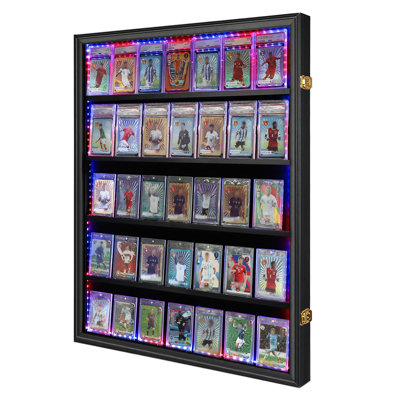 35-Count LED Graded Trading Card Display Frame, Vertical Wall Mount Lockable Showcase with UV Protection Acrylic for Baseball, Basketball, Hockey Sports Cards, 1 Pack