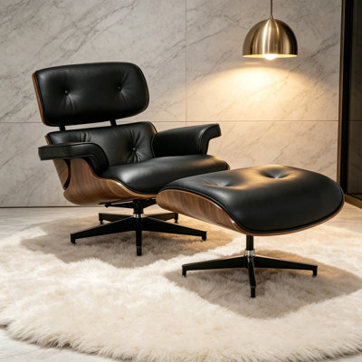 Dessus en cuir fleur noir, chaise longue et repose-pieds de style Mid-Century, conception moderne de chaise classique, support de base robuste pour bureau d'étude de salon, noyer, rehausse